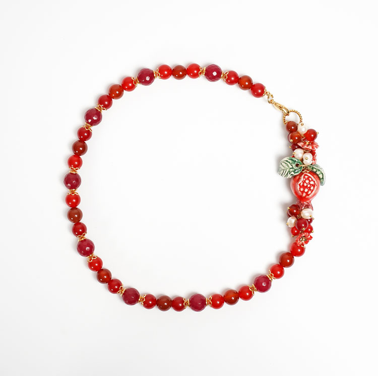 Collana Girocollo Con Ciliegie Di Cristallo Rosso E Agata | Foglia D'Oro | Gioielli Donna Originali