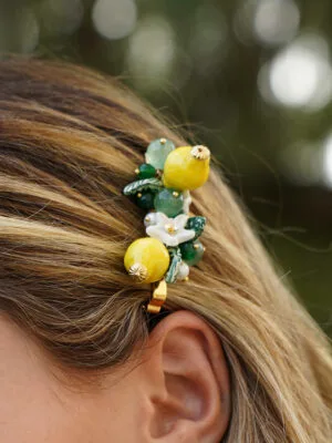 Fermaglio per capelli con limoni, pietre e perle